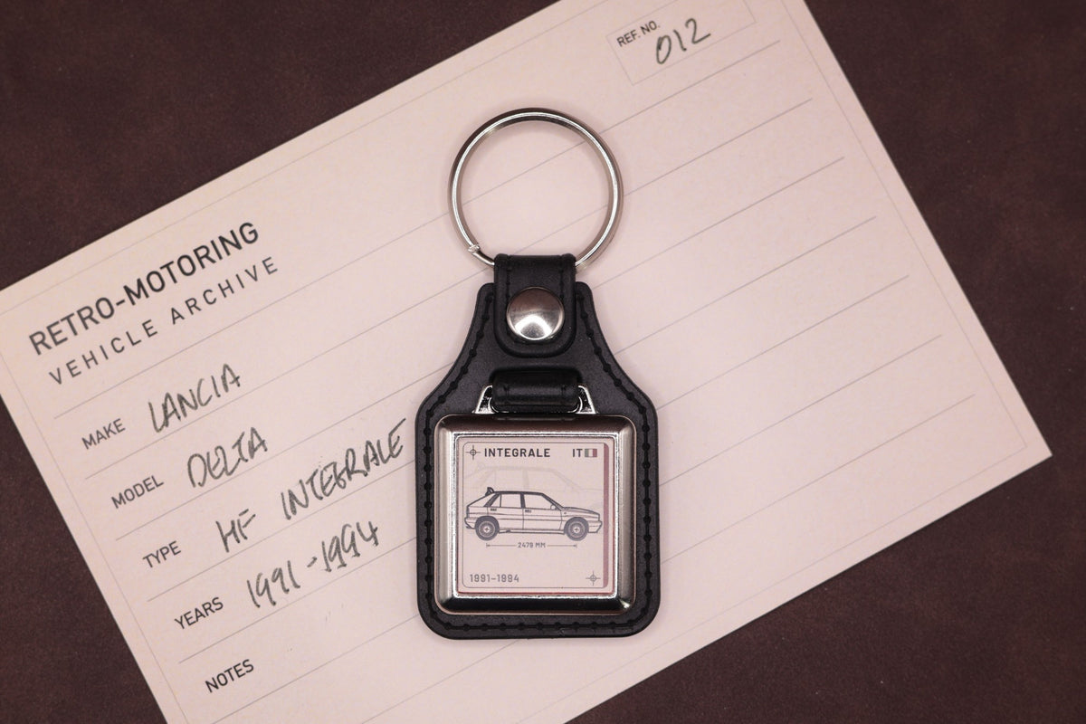 Lancia Delta Integrale Register Series keyring photographed on a Retro-Motoring vehicle archive card