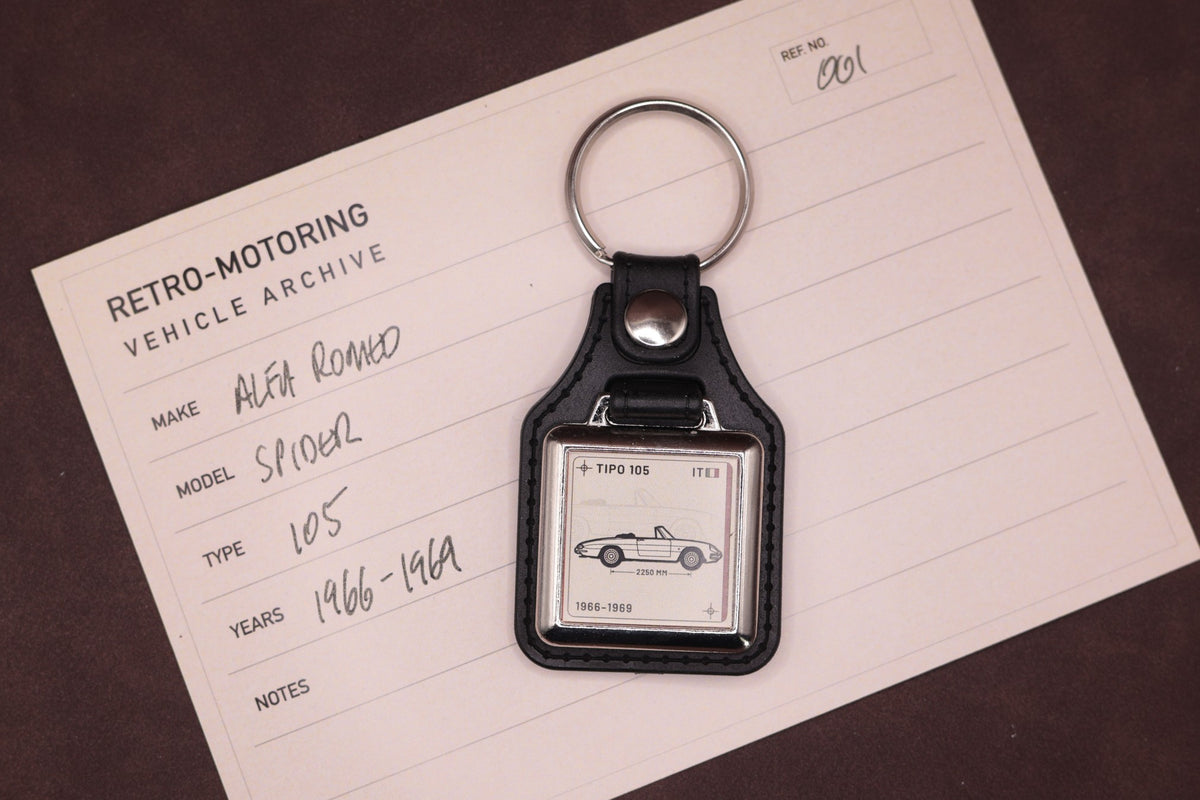 Alfa Romeo Spider 105 Register Series keyring photographed on a Retro-Motoring vehicle archive card