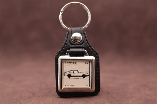 Ford Capri Mk3 Register Series keyring with ivory insert and side-profile vehicle illustration