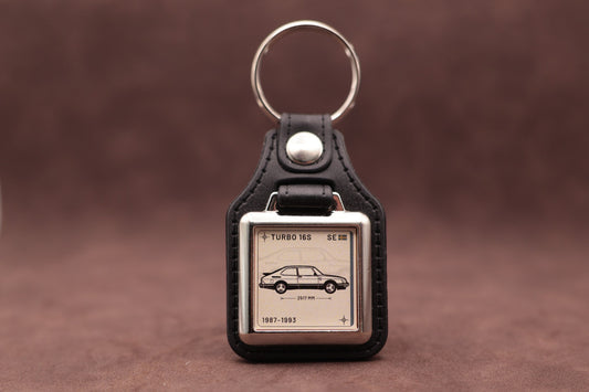 Saab 900 Turbo 16S Register Series keyring with ivory insert and side-profile vehicle illustration